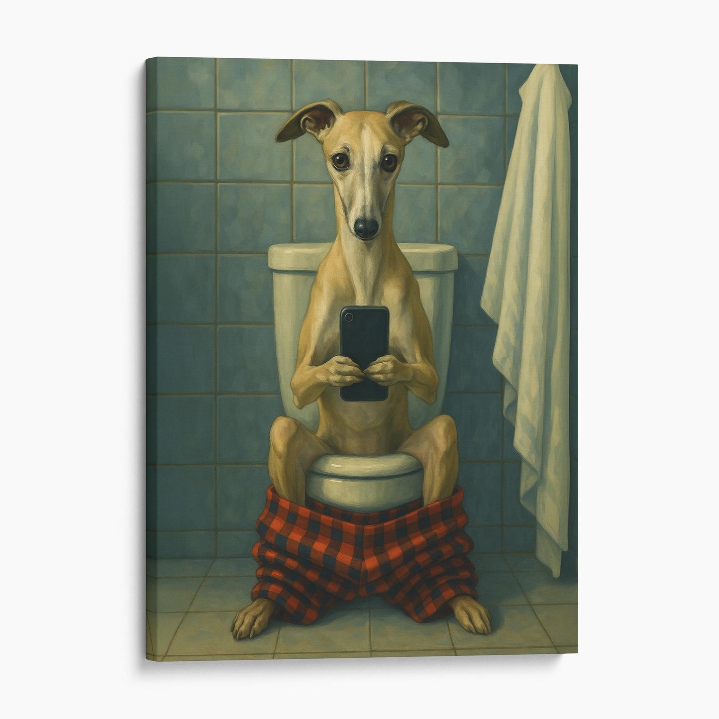 Whippet Dog On The Phone On The Toilet