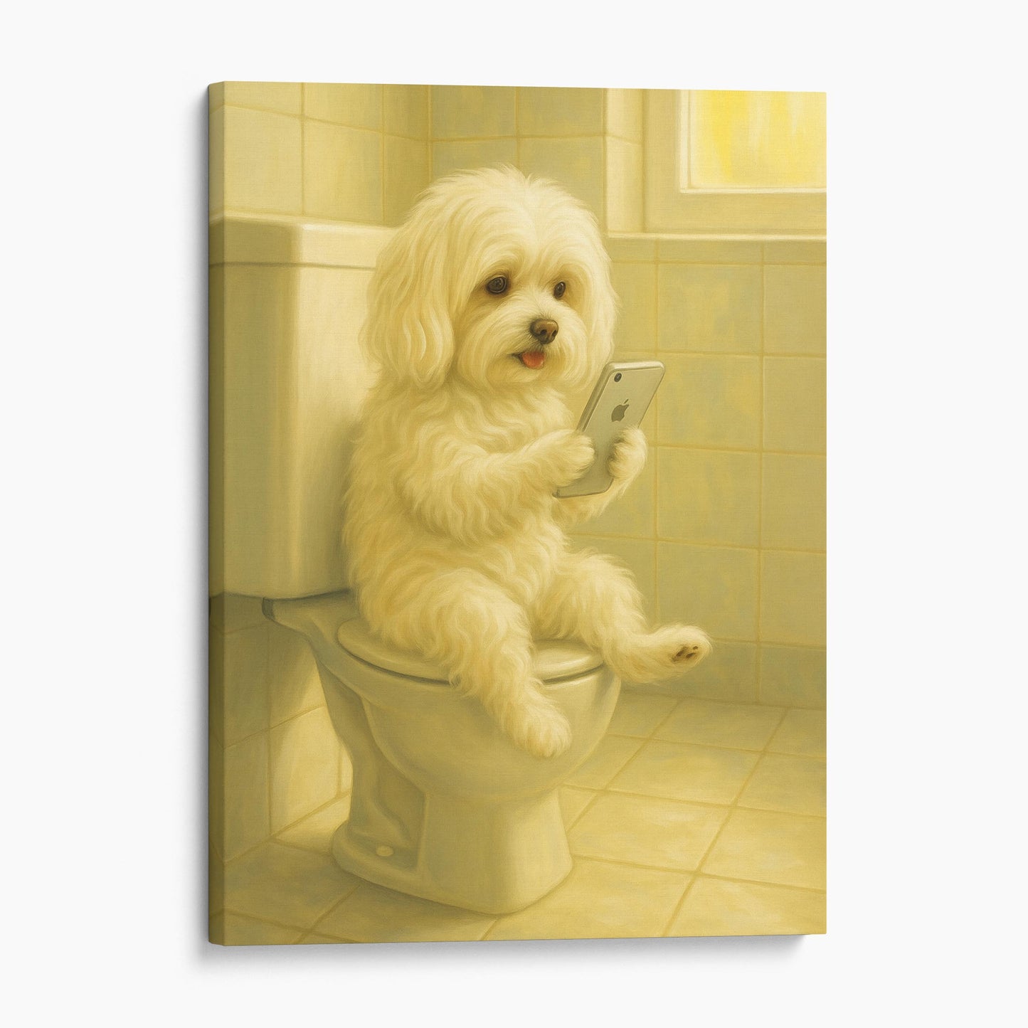 Maltese On The Phone On The Toilet