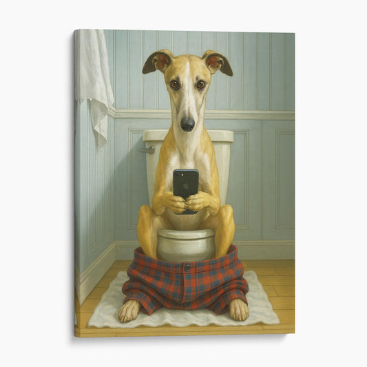 Whippet Dog On The Phone On The Toilet