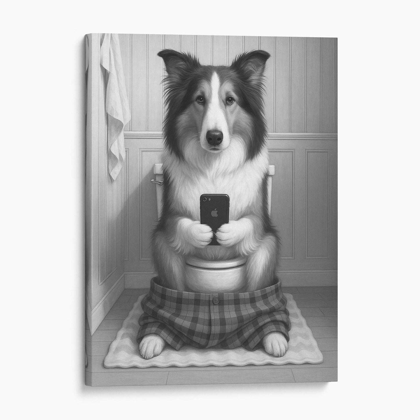Collie Dog On The Phone On The Toilet