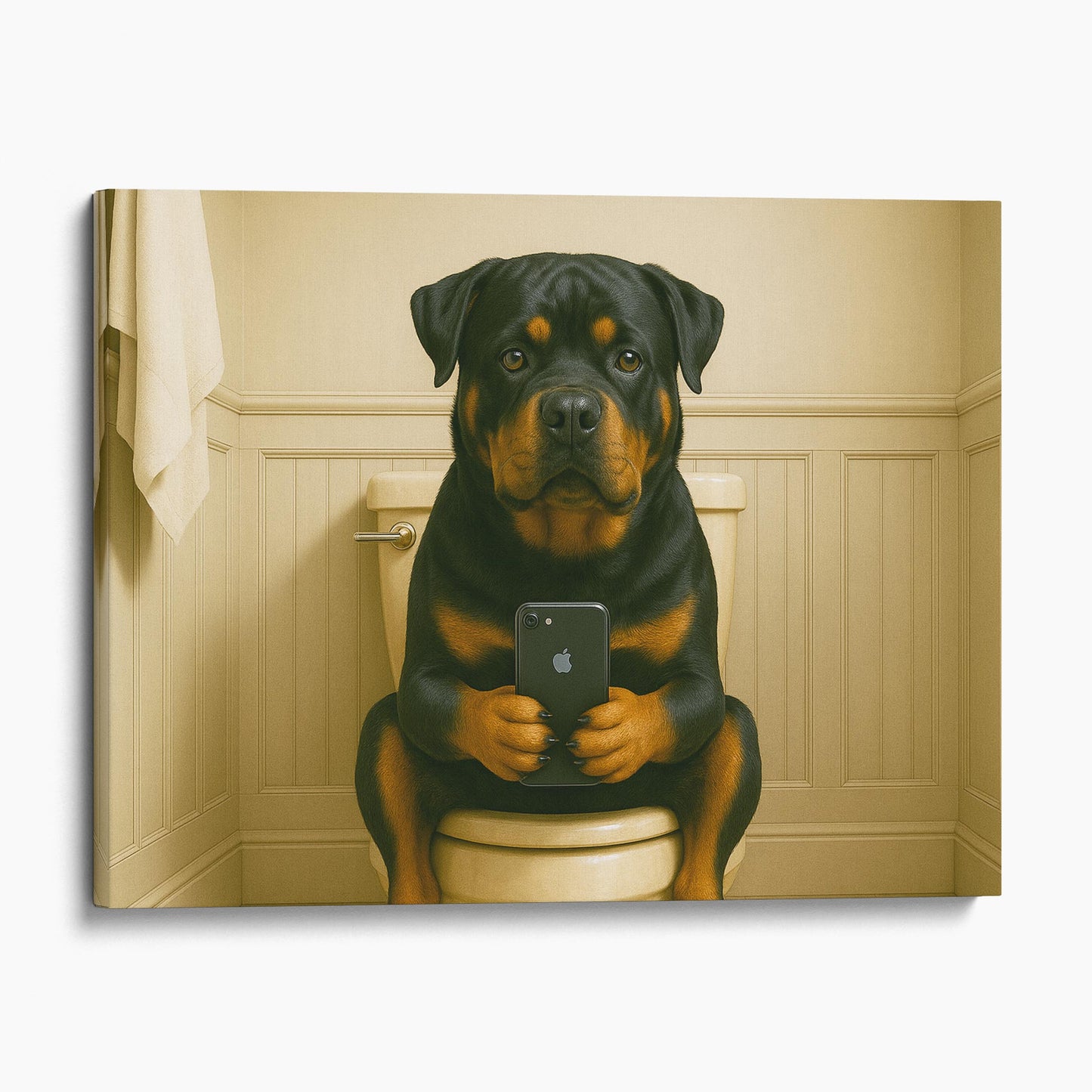 Rottweiler Dog On The Phone On The Toilet