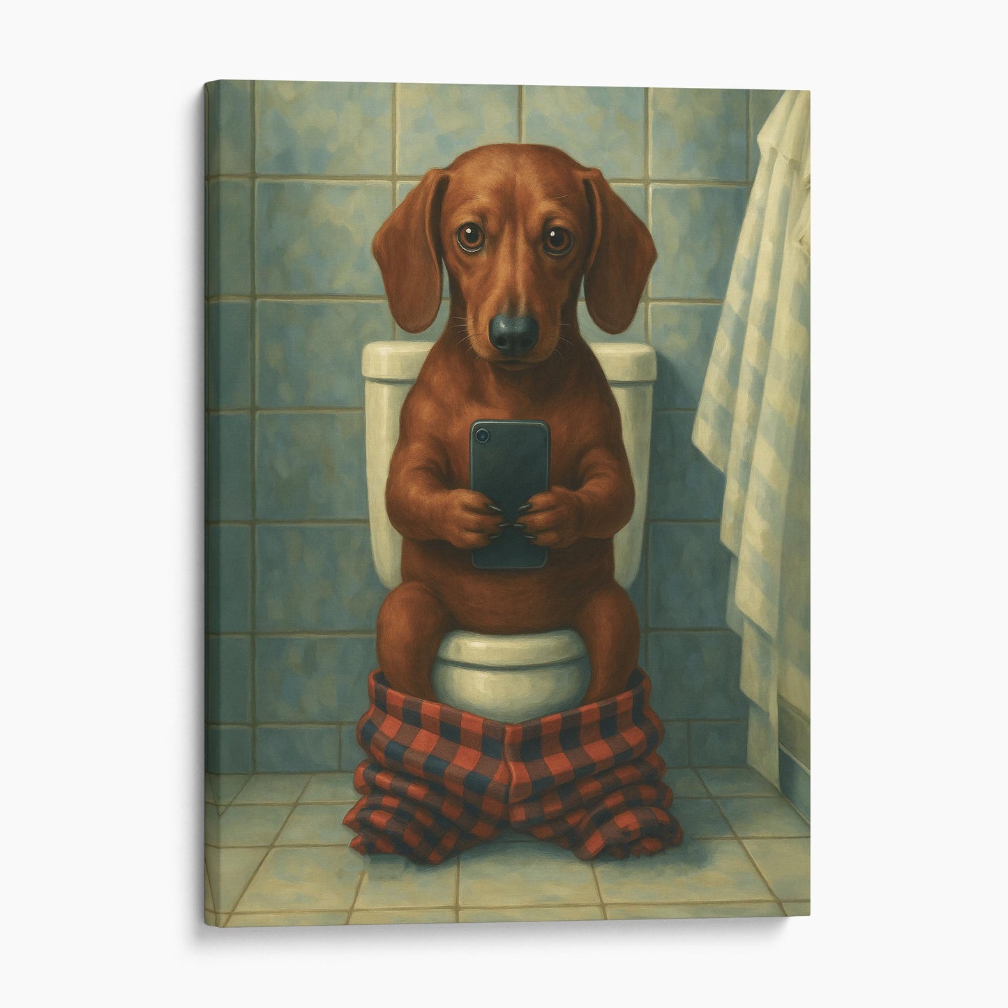 Dachshund Dog On The Phone On The Toilet