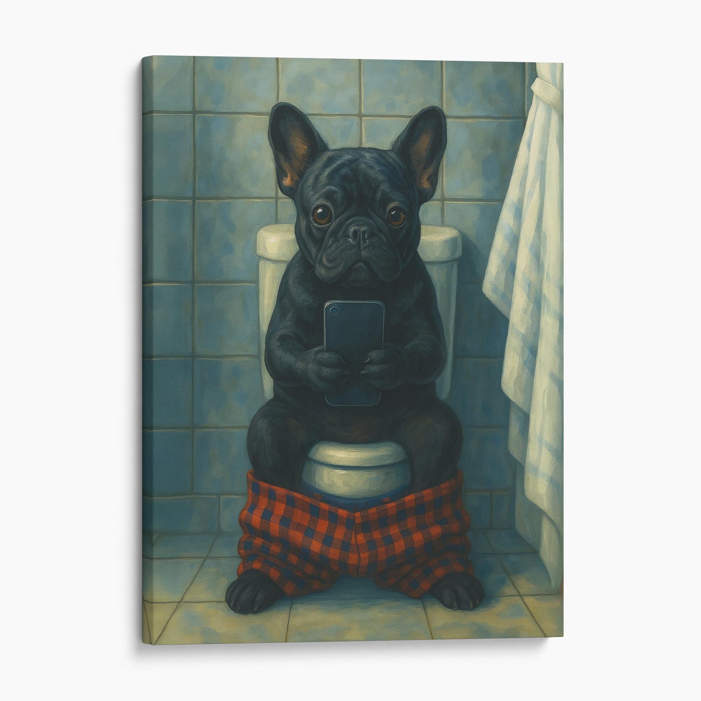 French Bulldog On The Phone On The Toilet