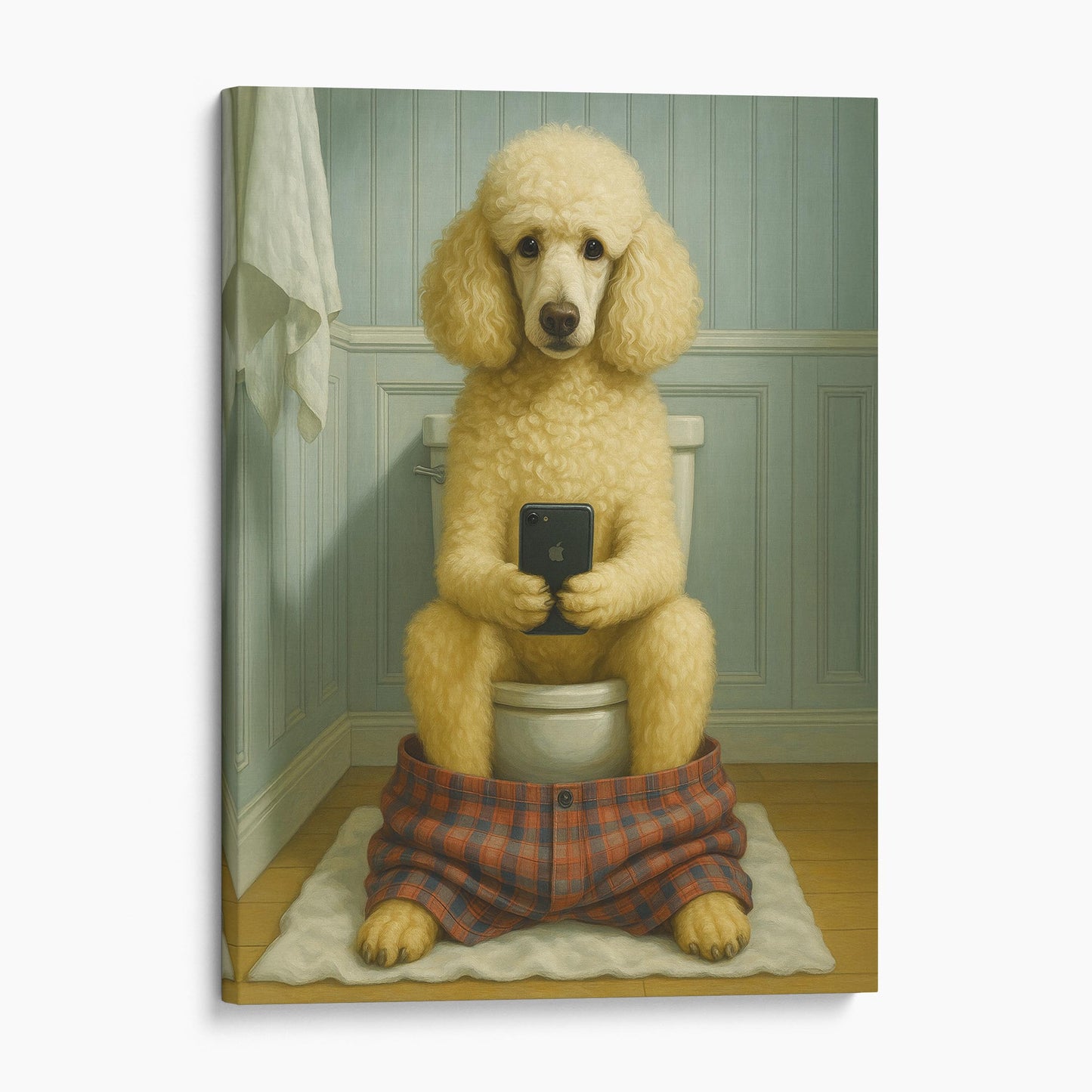Poodle Dog On The Phone On The Toilet