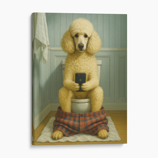 Poodle Dog On The Phone On The Toilet