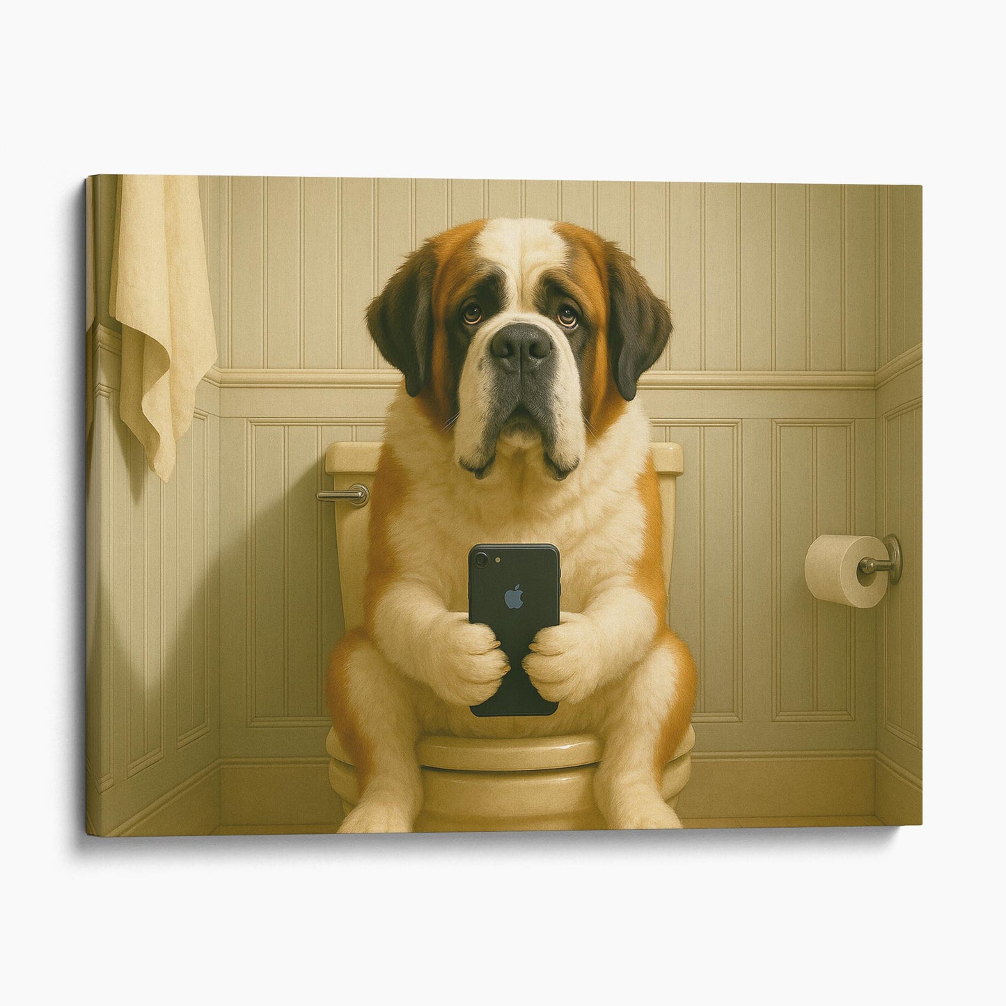 St. Bernard Dog On The Phone On The Toilet