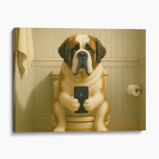 St. Bernard Dog On The Phone On The Toilet