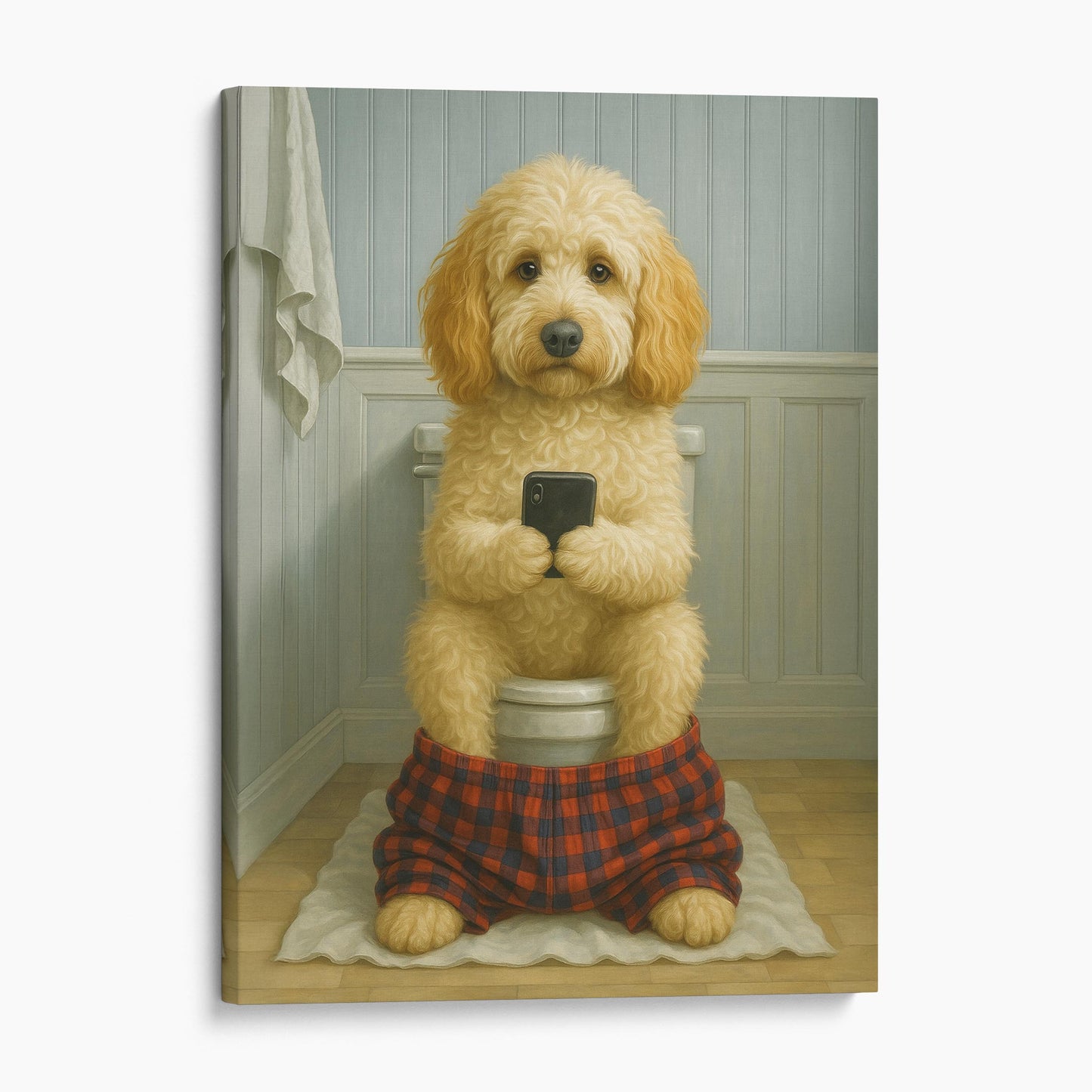 Labradoodle Dog On The Phone On The Toilet