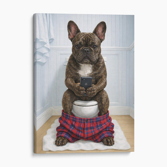 Brindle French Bulldog On The Phone On The Toilet