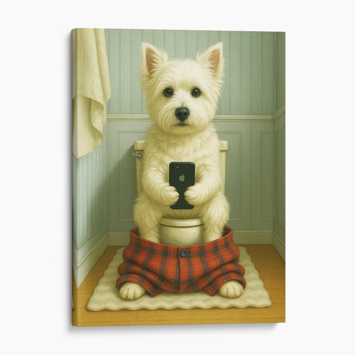 West Highland White Terrier Dog On The Phone On The Toilet