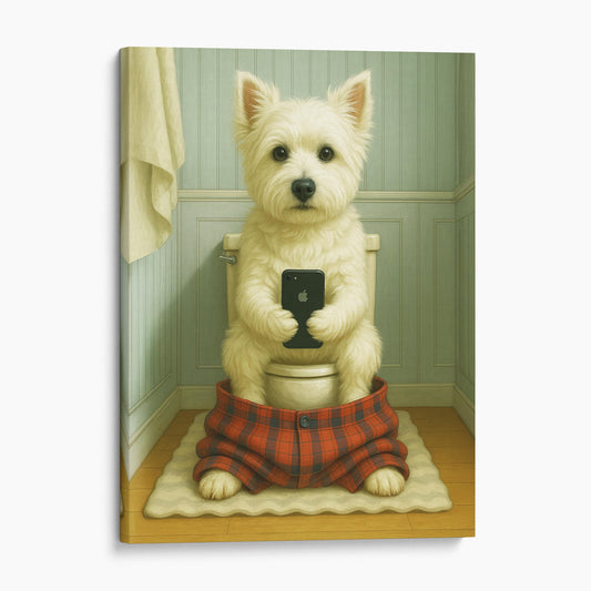 West Highland White Terrier Dog On The Phone On The Toilet