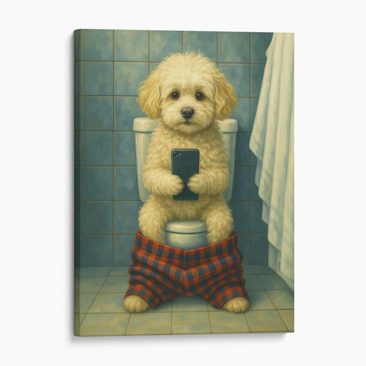 Maltipoo Dog On The Phone On The Toilet