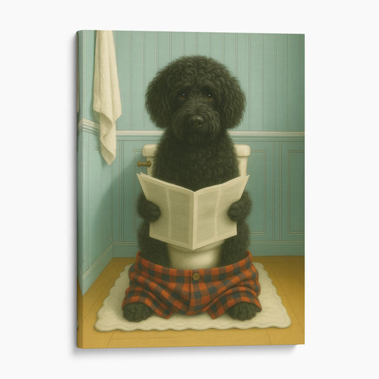 Portuguese Water Dog Reading The Newspaper On The Toilet