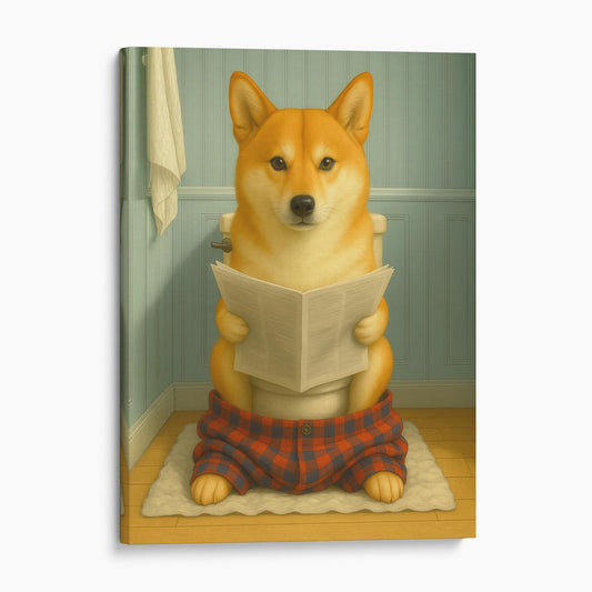 Shiba Inu Dog Reading The Newspaper On The Toilet