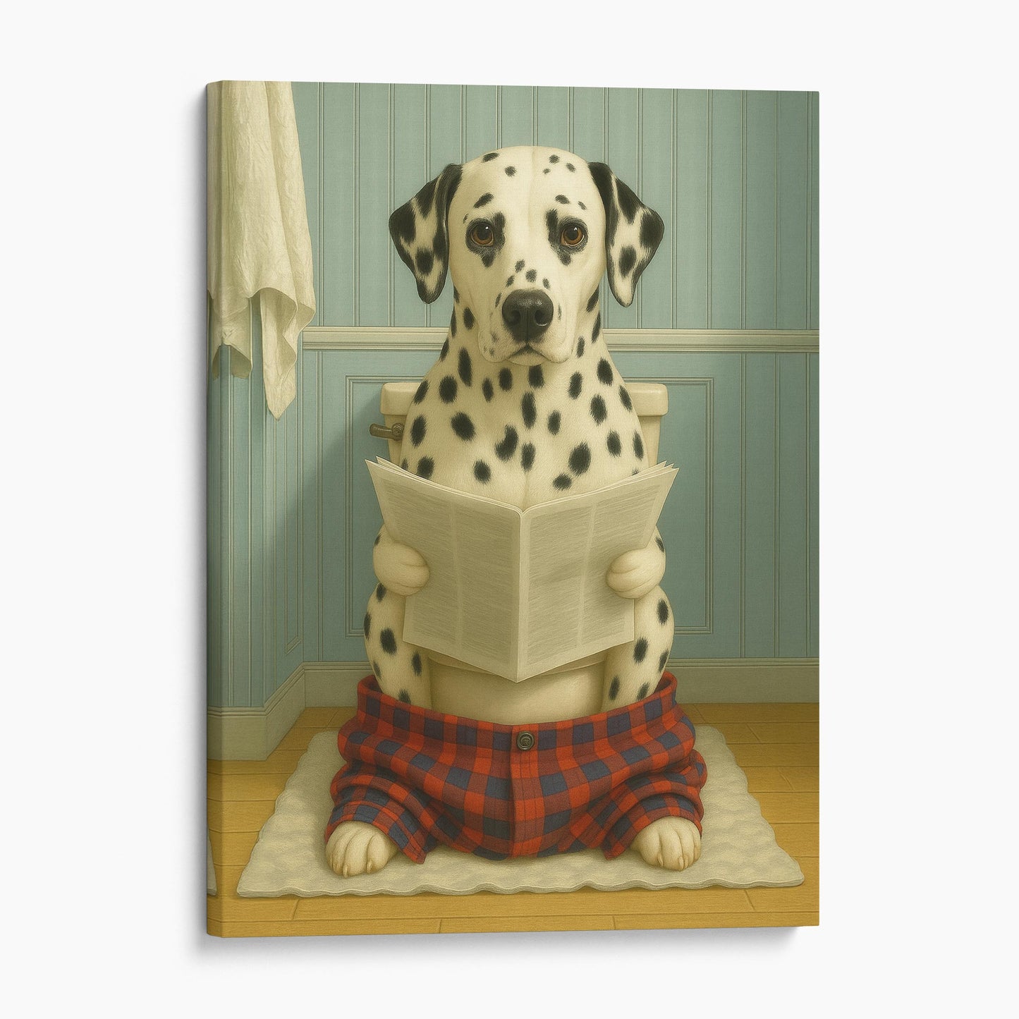 Dalmatian Dog Reading The Newspaper On The Toilet