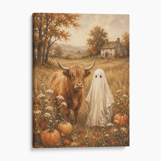 Highland Cow and Ghost in Autumn Meadow