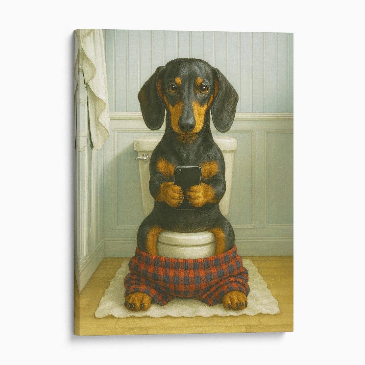 Dachshund Dog On The Phone On The Toilet