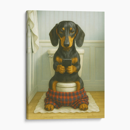 Dachshund Dog On The Phone On The Toilet