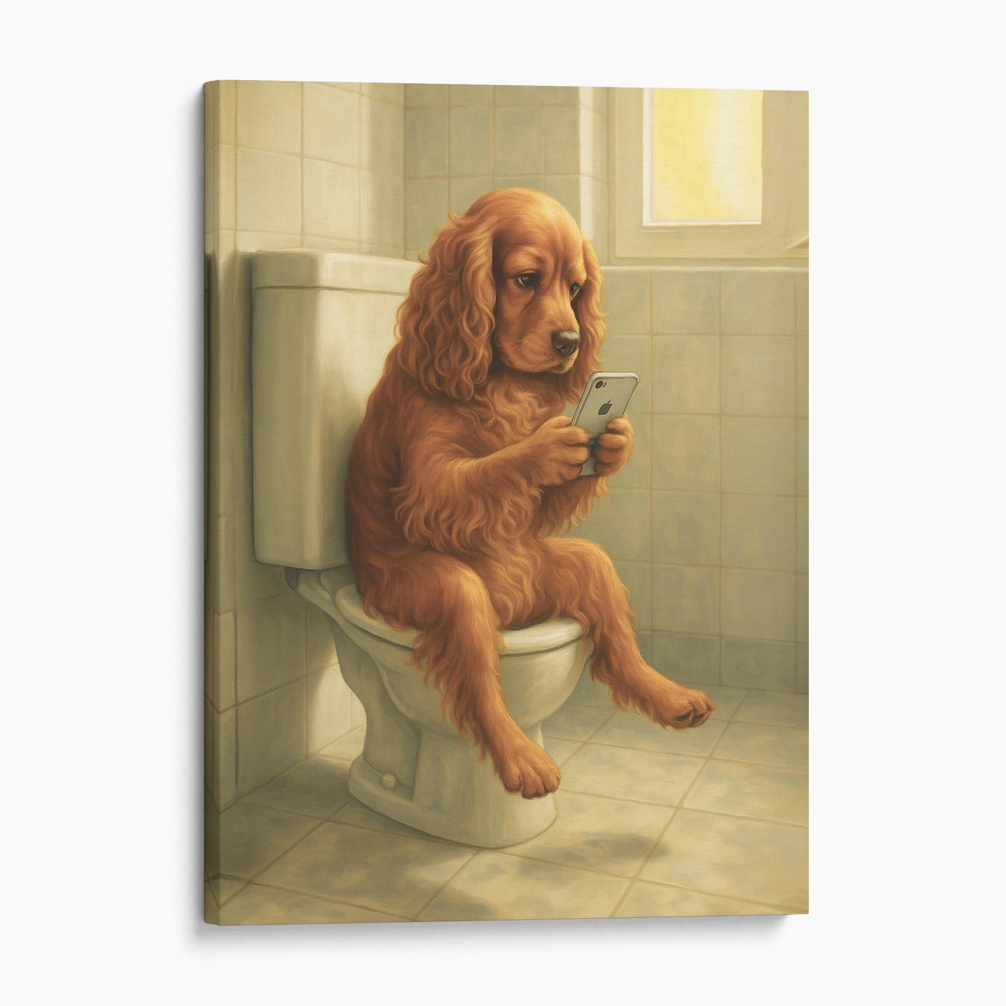 Cocker Spaniel Dog On The Phone On The Toilet