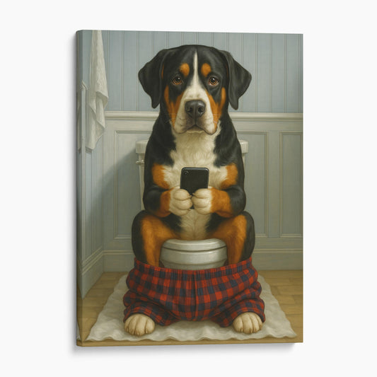 Greater Swiss Mountain Dog On The Phone On The Toilet