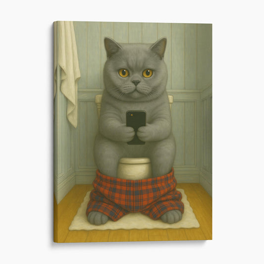 British Shorthair Cat On The Phone On The Toilet