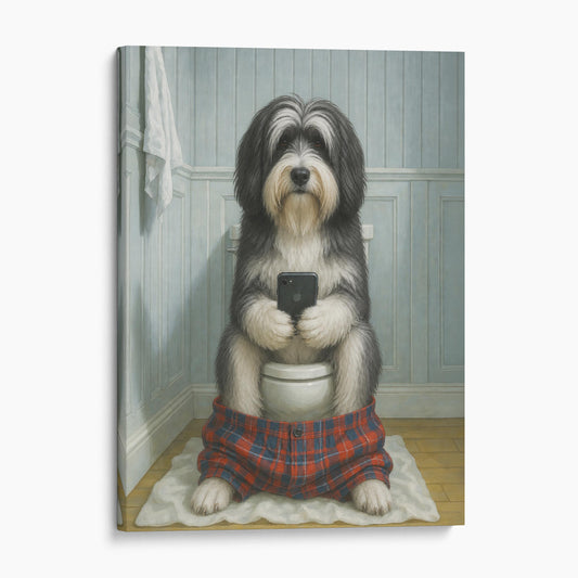 Tibetan Terrier Dog On The Phone On The Toilet