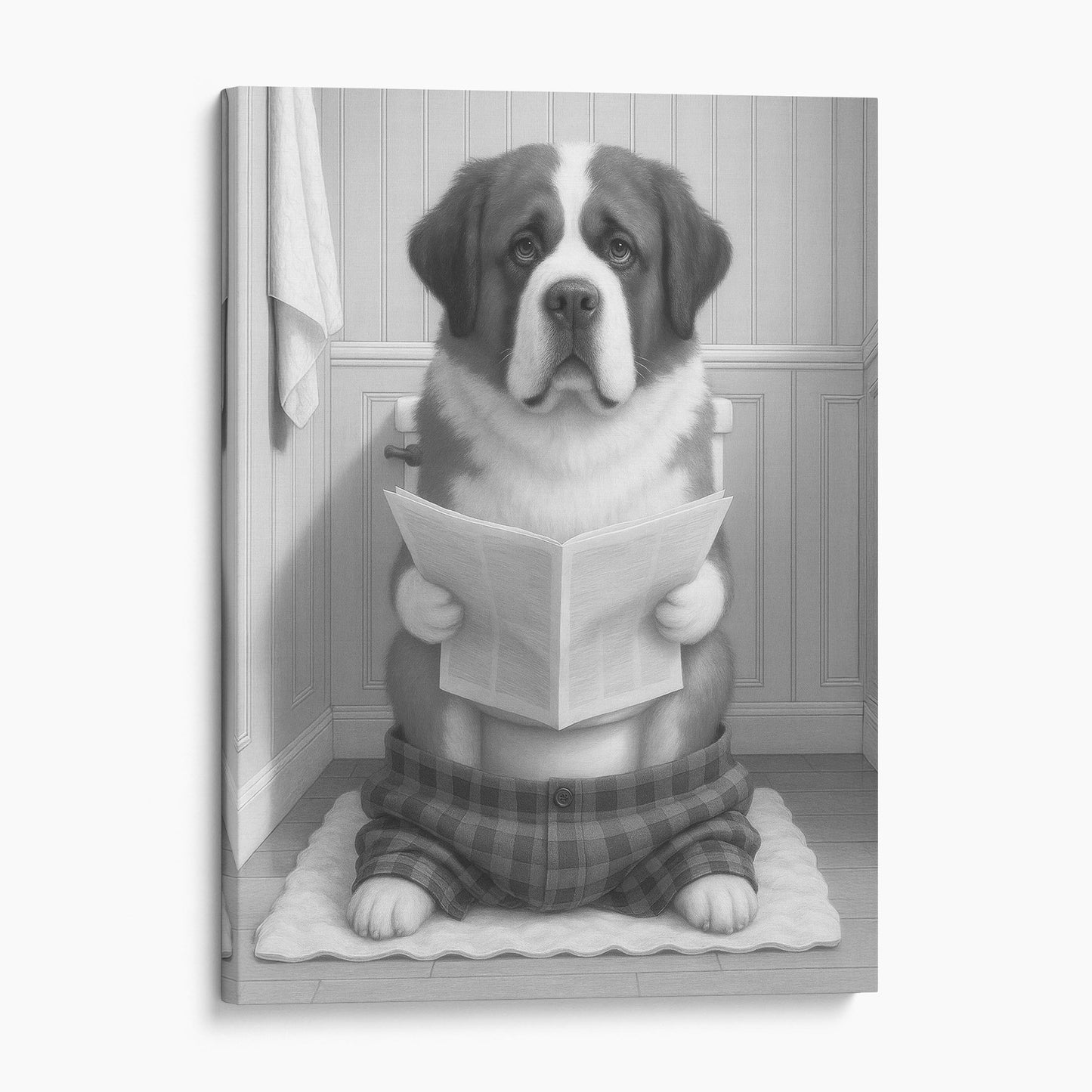 Saint Bernard Dog Reading The Newspaper On The Toilet