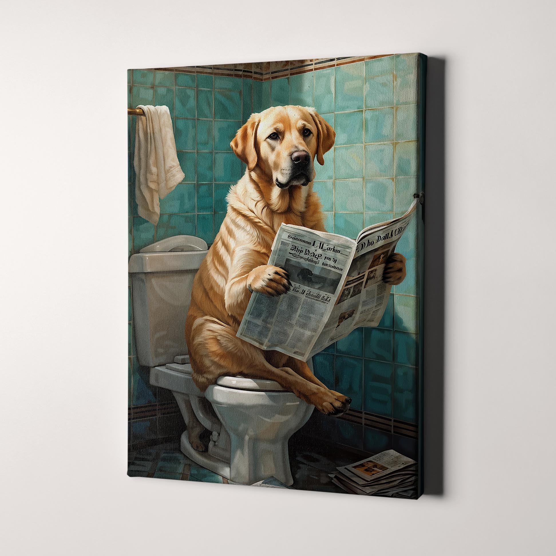Labrador Retriever Reading Newspaper On Toilet Canvas Wall Art Prints ...