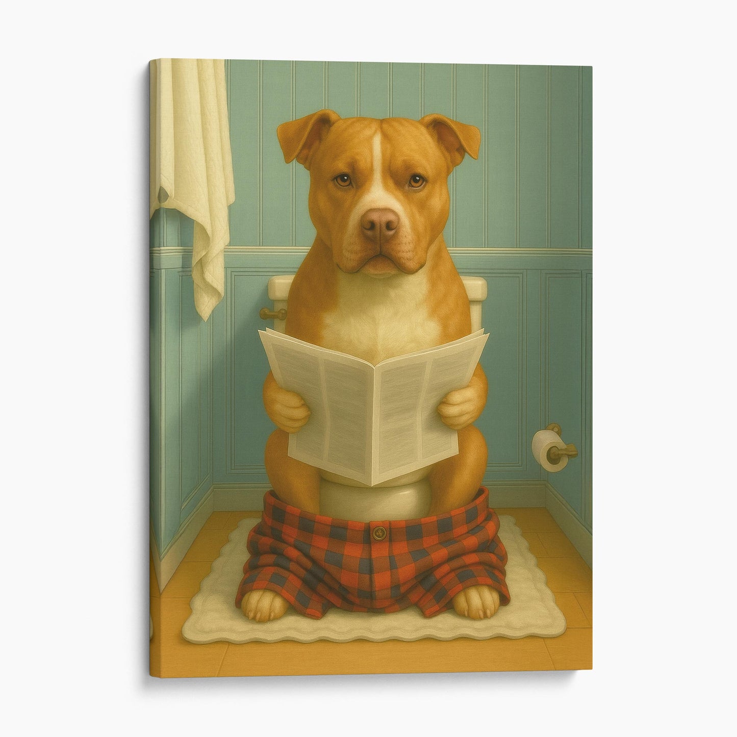 Pit Bull Dog Reading The Newspaper On The Toilet