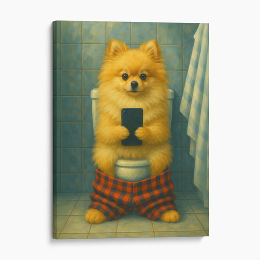 Pomeranian On The Phone On The Toilet