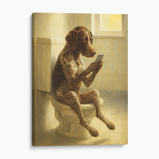 German Shorthaired Pointer Dog On The Phone On The Toilet