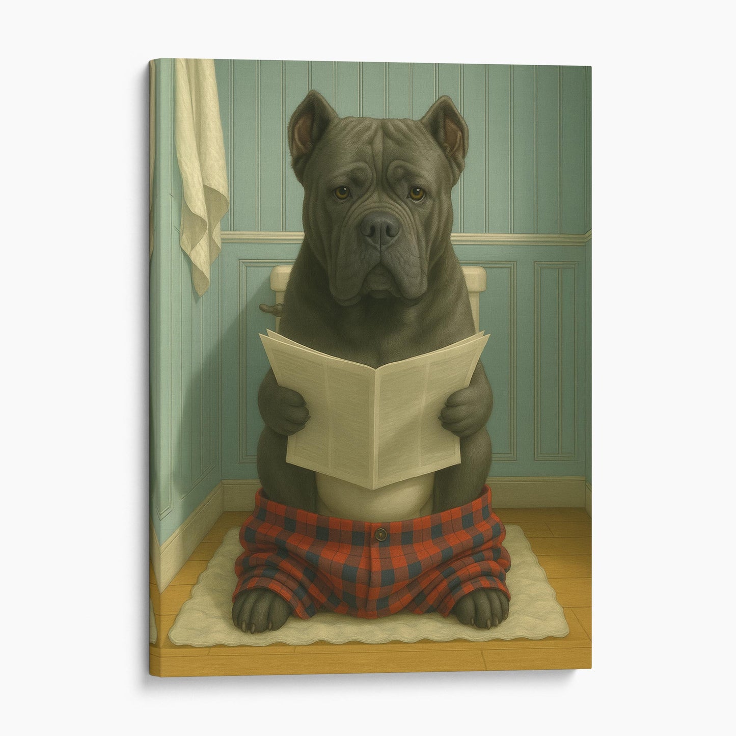 Cane Corso Dog Reading The Newspaper On The Toilet