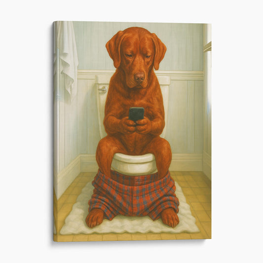 Red Labrador Retriever Dog On The Phone On The Toilet
