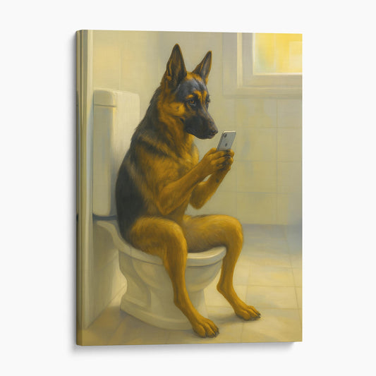 German Shepherd Dog On The Phone On The Toilet