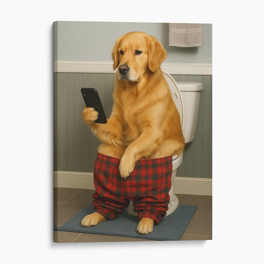 Golden Retriever On The Phone On The Toilet