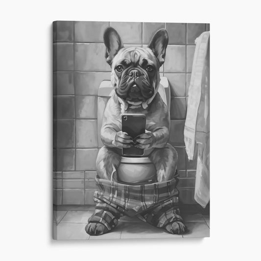 French Bulldog On The Phone On The Toilet