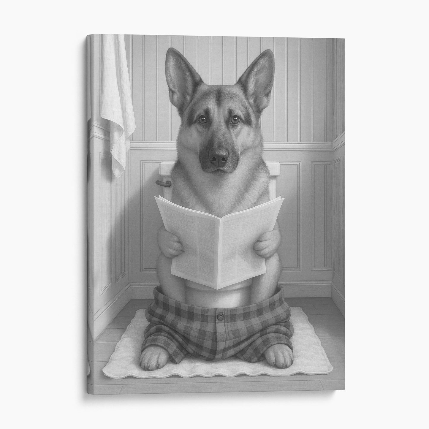 German Shepherd Dog Reading The Newspaper On The Toilet