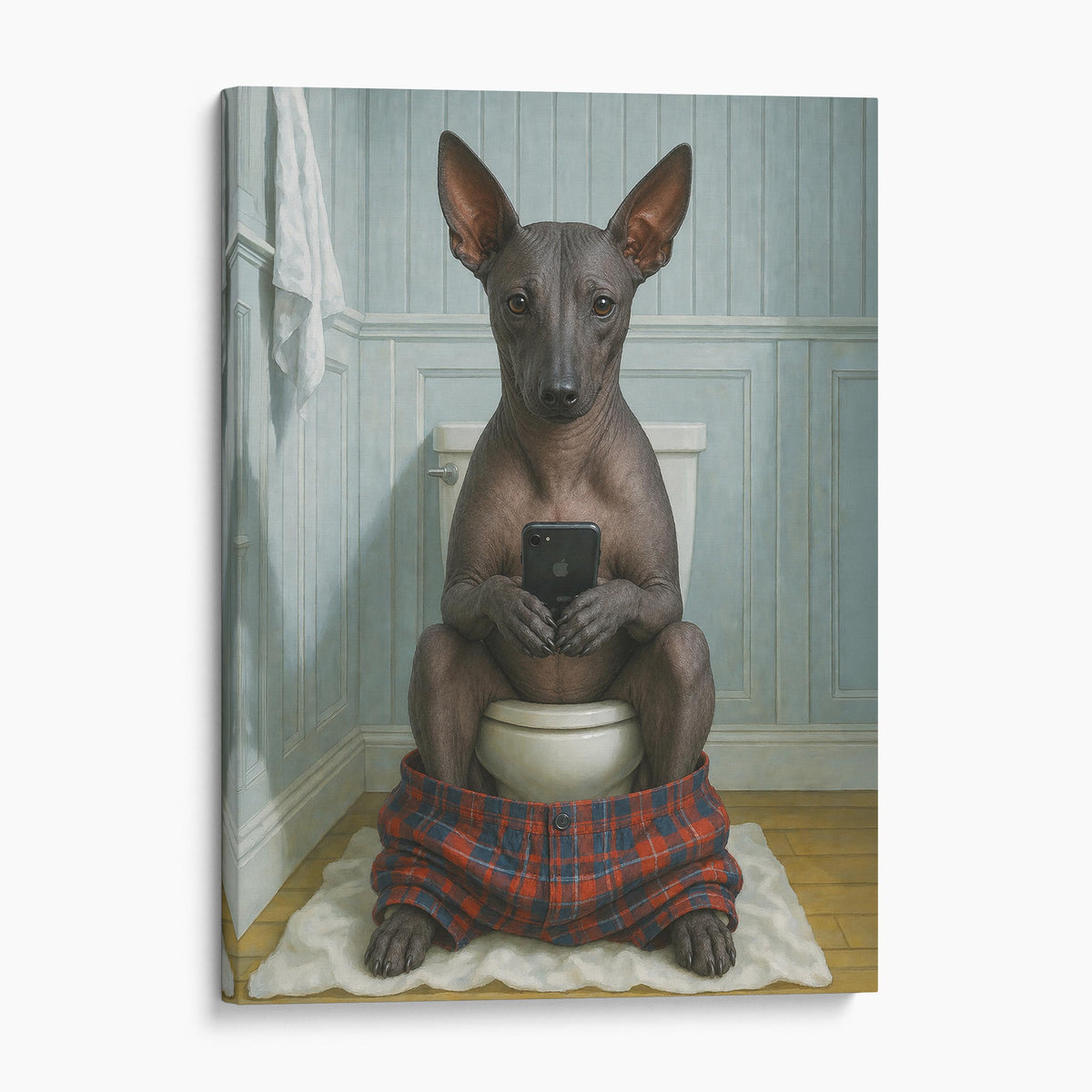 Xoloitzcuintli Dog On The Phone On The Toilet