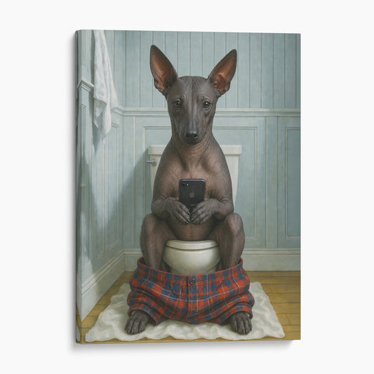 Xoloitzcuintli Dog On The Phone On The Toilet