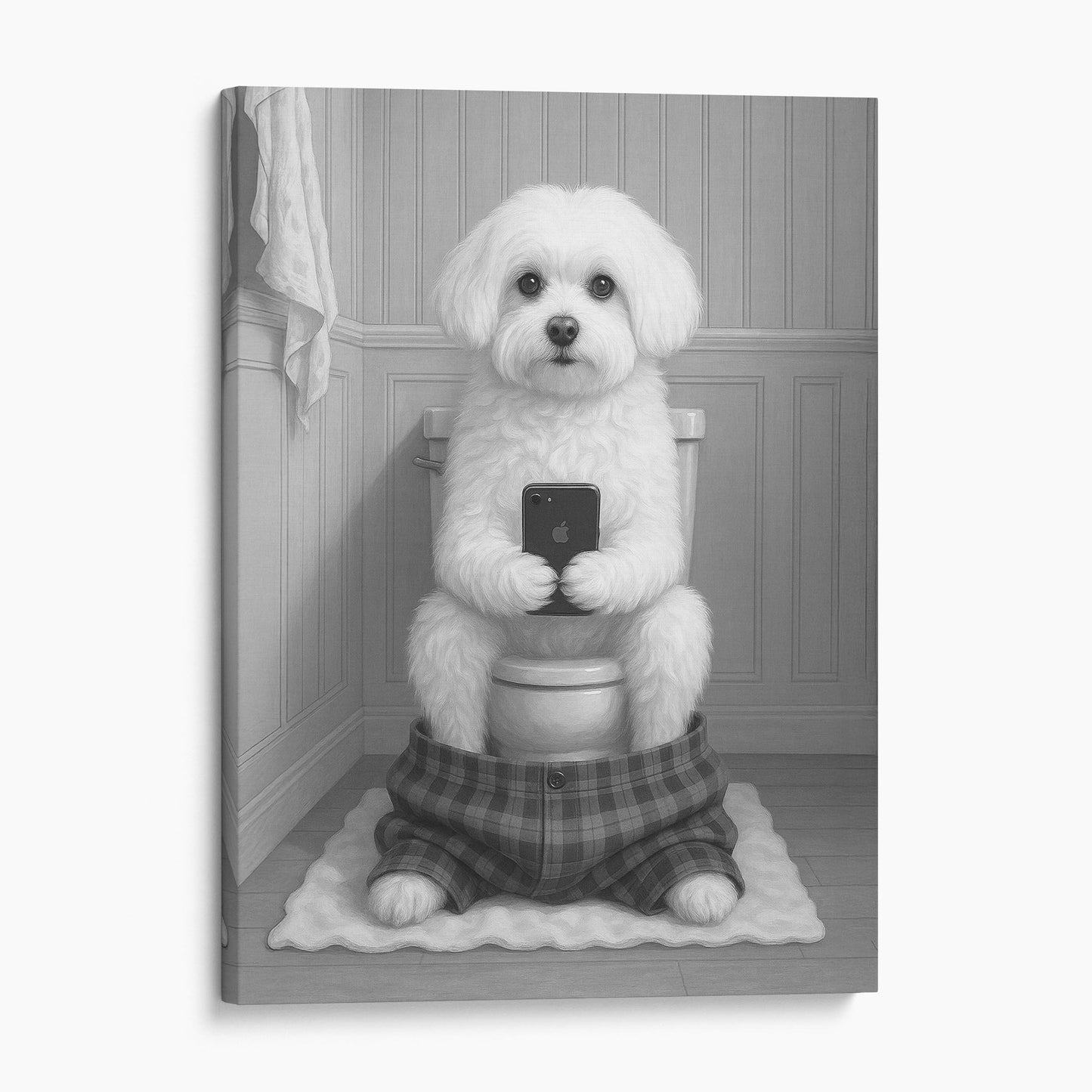 Maltese Dog On The Phone On The Toilet