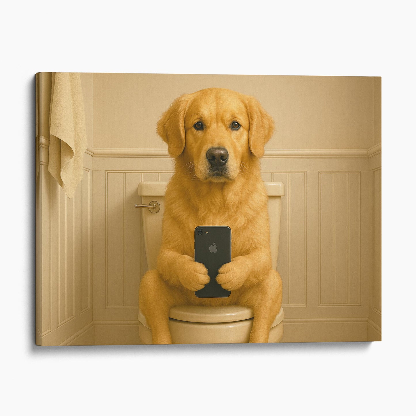 Golden Retriever Dog On The Phone On The Toilet