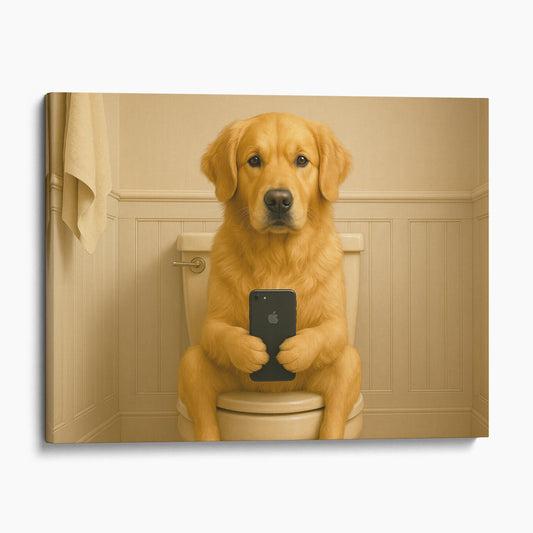 Golden Retriever Dog On The Phone On The Toilet