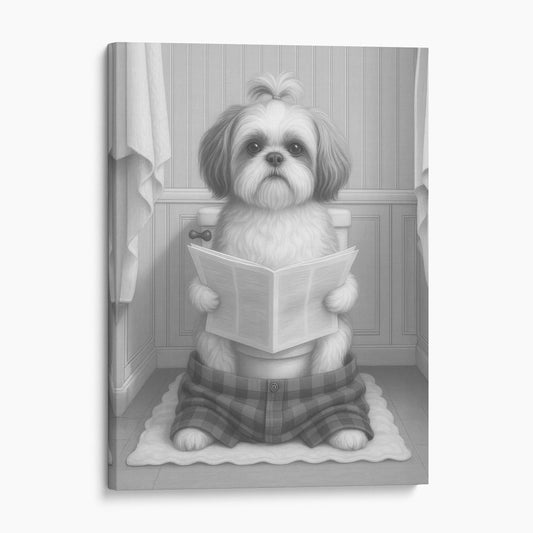 Shih Tzu Dog Reading The Newspaper On The Toilet