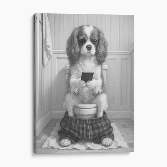 Cavalier King Charles Dog On The Phone On The Toilet