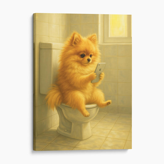 Pomeranian Dog On The Phone On The Toilet