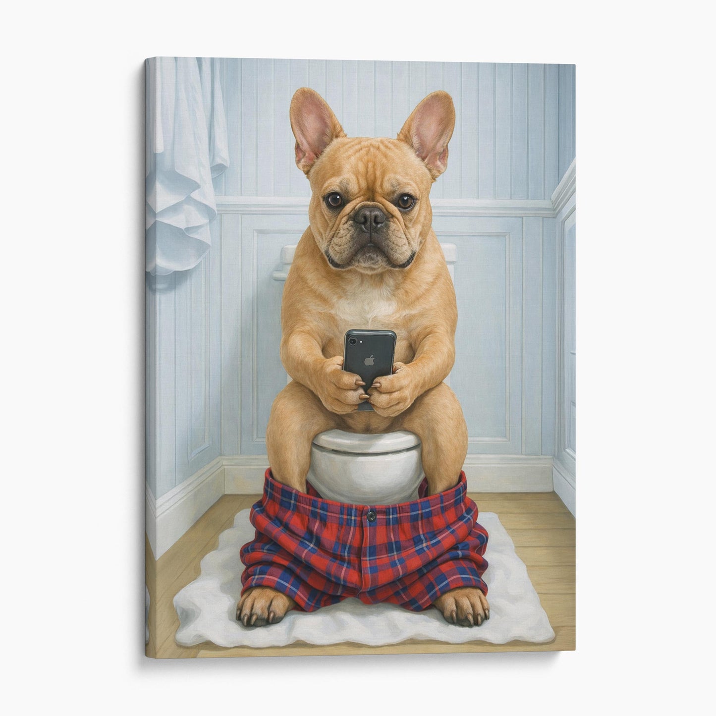 Fawn French Bulldog On The Phone On The Toilet