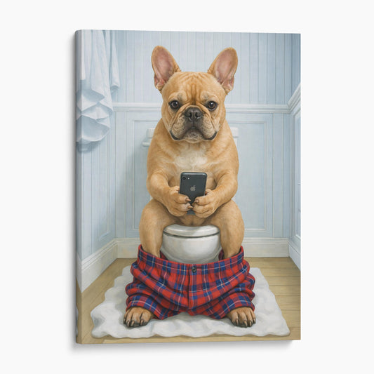 Fawn French Bulldog On The Phone On The Toilet
