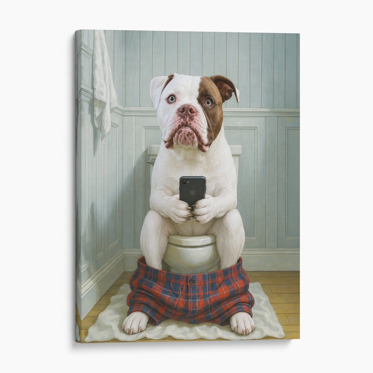 American Pitbull Dog On The Phone On The Toilet