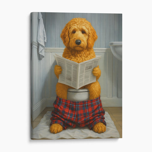 Goldendoodle Dog Reading The Newspaper On The Toilet