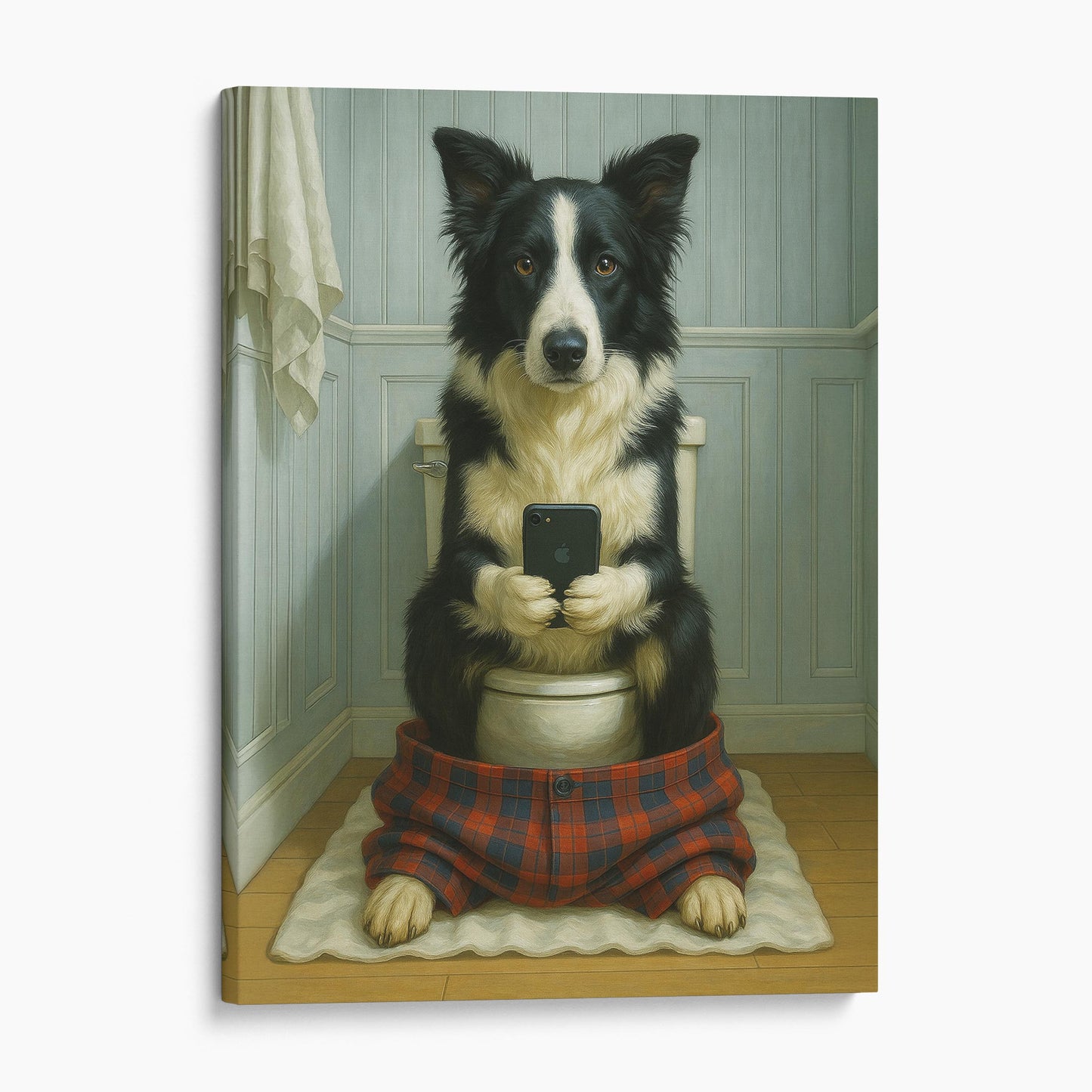 Border Collie Dog On The Phone On The Toilet